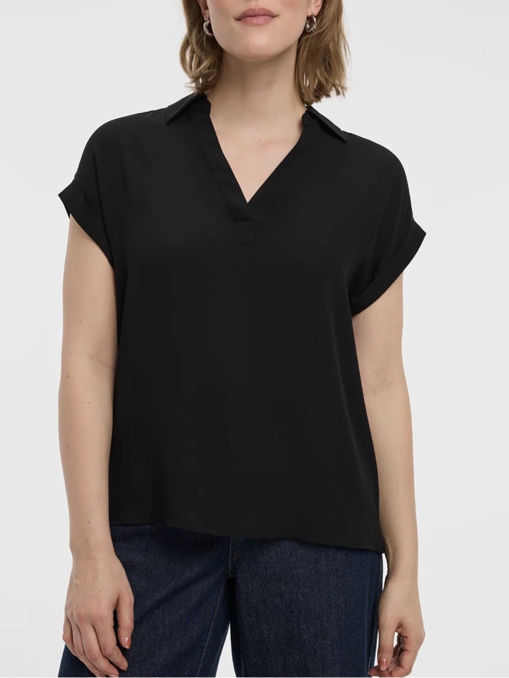 Reitmans Black Short-Sleeve V-Neck Collared Blouse